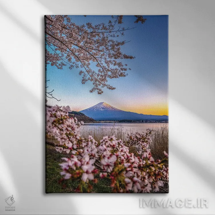 تابلو Lake Kawaguchi II,منظره کوه فوجی از میان درختان شکوفه گیلاس کنار دریاچه کاواگوچی (۲) اثر الکس جی پرز - نمای روبهرو روی دیوار