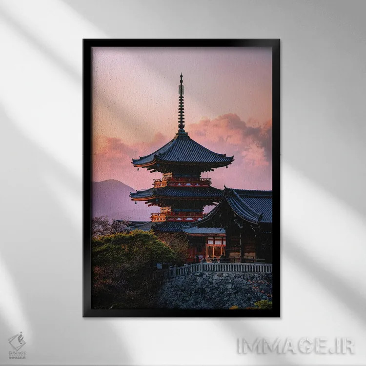 تابلو Japan III,غروب آفتاب در معبد کیومیزو-درا، کیوتو، ژاپن (۳) اثر الکس جی پرز - نمای قابدار مشکی