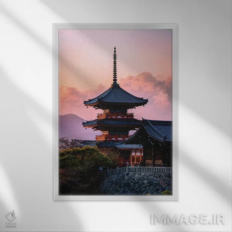 تابلو Japan III,غروب آفتاب در معبد کیومیزو-درا، کیوتو، ژاپن (۳) اثر الکس جی پرز - نمای قابدار سفید