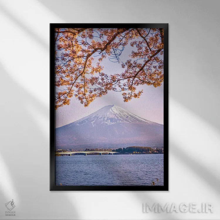 تابلو Lake Kawaguchi VI,منظره کوه فوجی از میان درختان شکوفه گیلاس کنار دریاچه کاواگوچی (۶) اثر الکس جی پرز - نمای قابدار مشکی