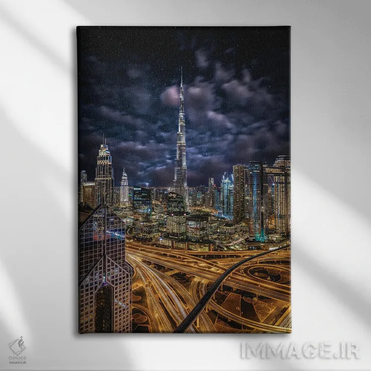 تابلو نمای شهری برج خلیفه دبی در شب پرستاره اثر الکس جی پرز - نمای روبهرو روی دیوار