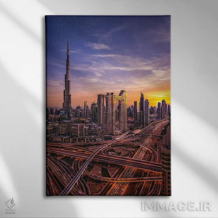 تابلو نمای شهری برج خلیفه دبی در غروب آفتاب I اثر الکس جی پرز - نمای روبهرو روی دیوار