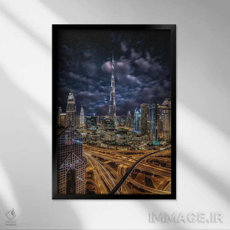 تابلو نمای شهری برج خلیفه دبی در شب پرستاره اثر الکس جی پرز - نمای قابدار مشکی