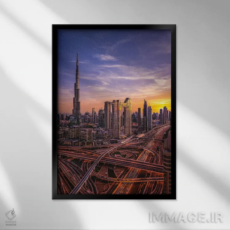 تابلو نمای شهری برج خلیفه دبی در غروب آفتاب I اثر الکس جی پرز - نمای قابدار مشکی