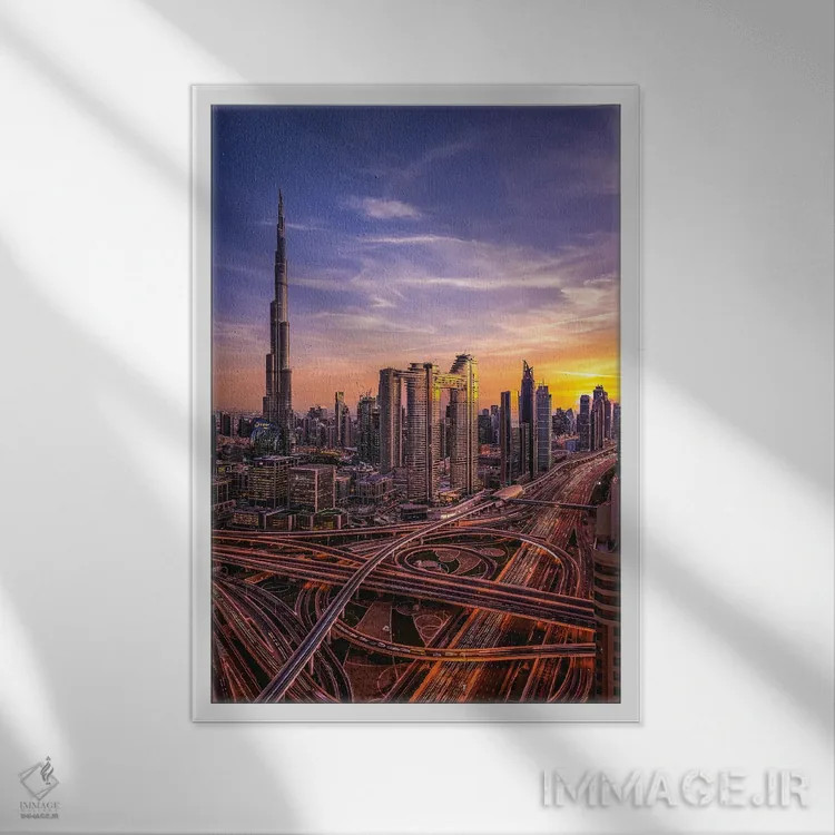 تابلو نمای شهری برج خلیفه دبی در غروب آفتاب I اثر الکس جی پرز - نمای قابدار سفید