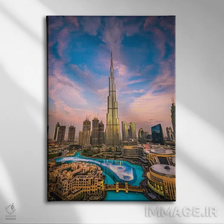 تابلو نمای شهری برج خلیفه دبی در غروب آفتاب II اثر الکس جی پرز - نمای روبهرو روی دیوار