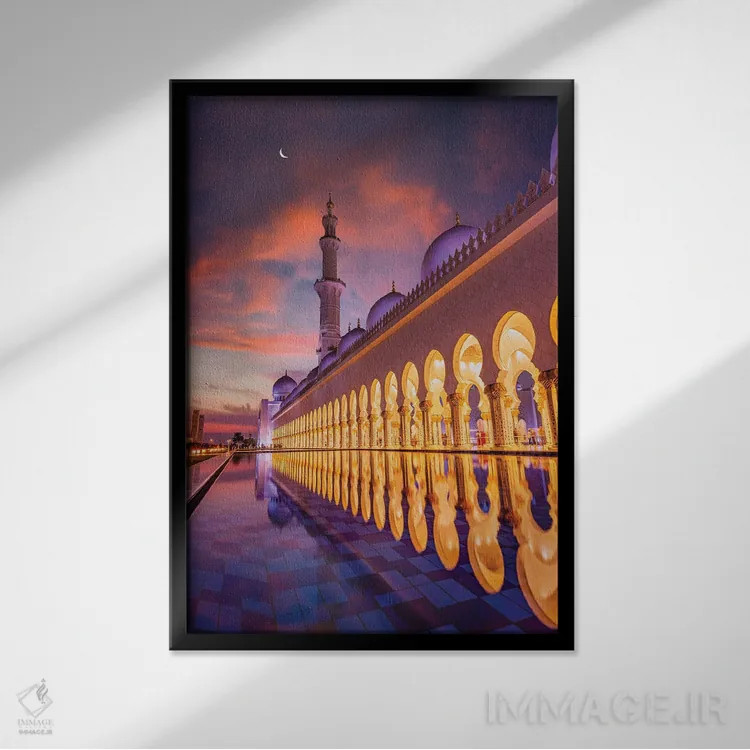 تابلو انعکاس غروب آفتاب مسجد معبد دبی II اثر الکس جی پرز - نمای قابدار مشکی
