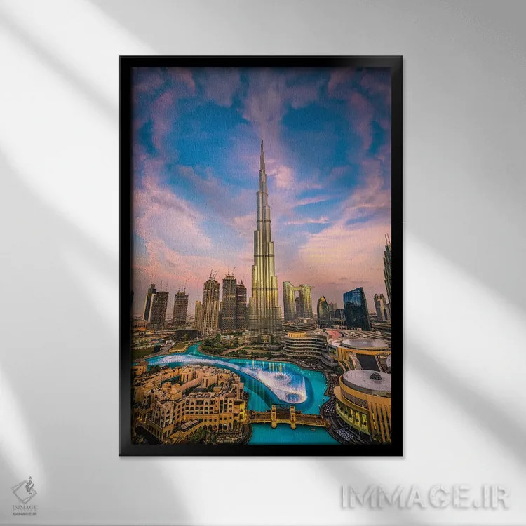 تابلو نمای شهری برج خلیفه دبی در غروب آفتاب II اثر الکس جی پرز - نمای قابدار مشکی