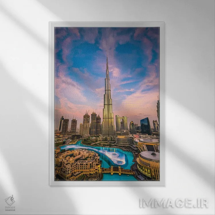 تابلو نمای شهری برج خلیفه دبی در غروب آفتاب II اثر الکس جی پرز - نمای قابدار سفید
