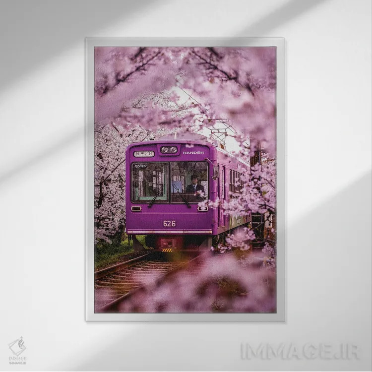 تابلو قطار محلی در شکوفههای گیلاس ژاپن II اثر الکس جی پرز - نمای قابدار سفید