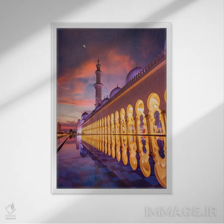 تابلو انعکاس غروب آفتاب مسجد معبد دبی II اثر الکس جی پرز - نمای قابدار سفید
