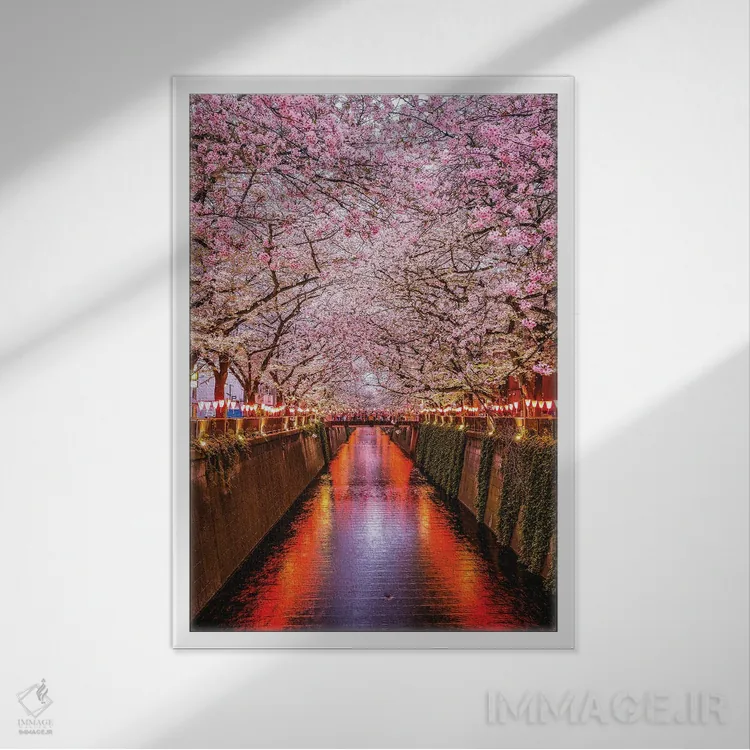 تابلو رودخانه با شکوفههای گیلاس ژاپن III اثر الکس جی پرز - نمای قابدار سفید