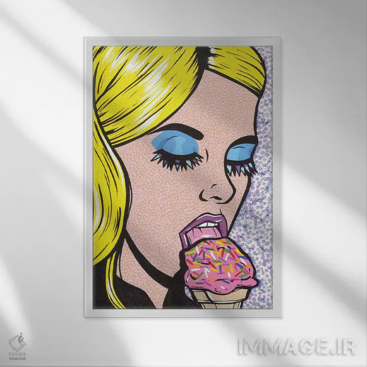 تابلو دختر بستنیخور بلوند اثر آلیسون گاتچل - نمای قابدار سفید