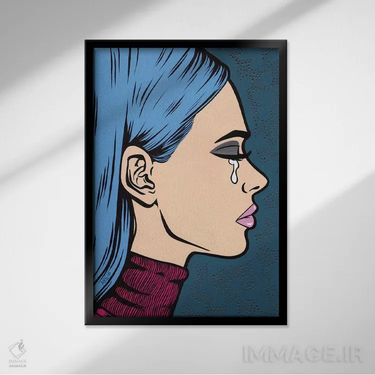 تابلو دختر غمگین با یقه اسکی آبی اثر آلیسون گاتچل - نمای قابدار مشکی