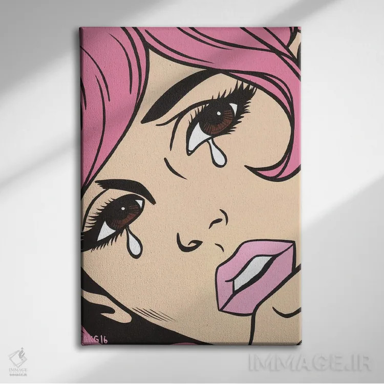 تابلو دختر کمیک گریان با موهای صورتی اثر آلیسون گاتچل - نمای روبهرو روی دیوار