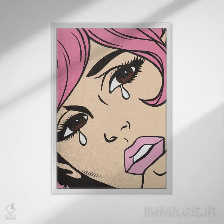 تابلو دختر کمیک گریان با موهای صورتی اثر آلیسون گاتچل - نمای قابدار سفید