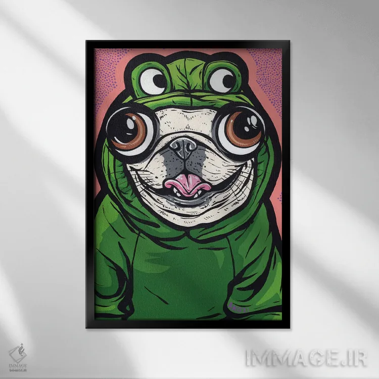 تابلو بولداگ فرانسوی با طرح قورباغه اثر آلیسون گاتچل - نمای قابدار مشکی