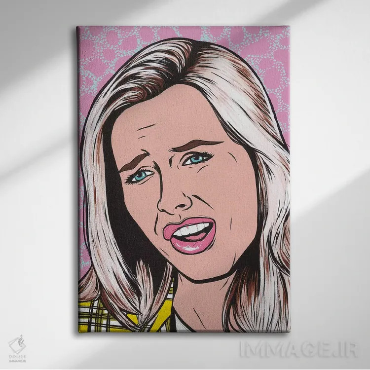 تابلو به قول چِر: "که چی!" (الهام از شخصیت فیلم Clueless) اثر آلیسون گاتچل - نمای روبهرو روی دیوار