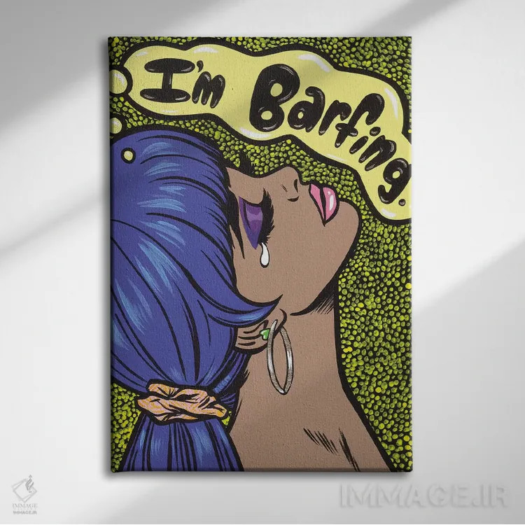 تابلو دختر کمیک با متن "دارم بالا میارم" اثر آلیسون گاتچل - نمای روبهرو روی دیوار