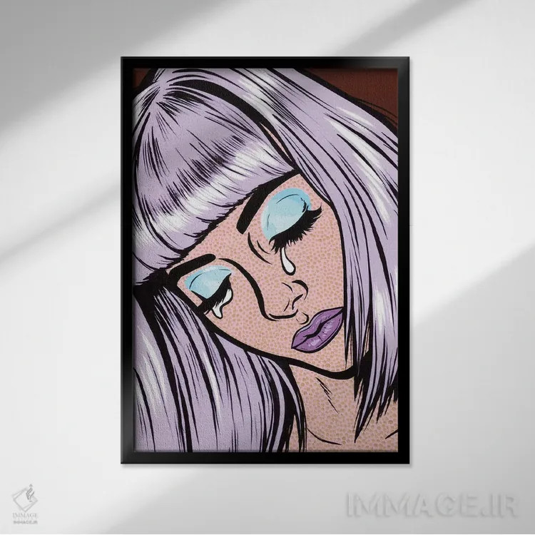 تابلو دختر گریان با چتریهای یاسی اثر آلیسون گاتچل - نمای قابدار مشکی