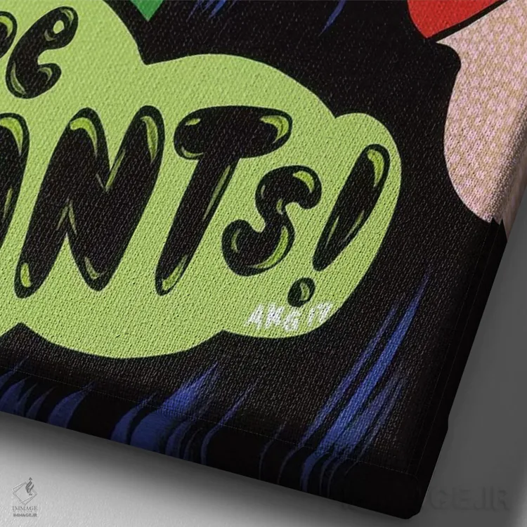 تابلو دختر کمیک با پیام "گیاه بیشتر!" اثر آلیسون گاتچل - نمای نزدیک بافت بوم