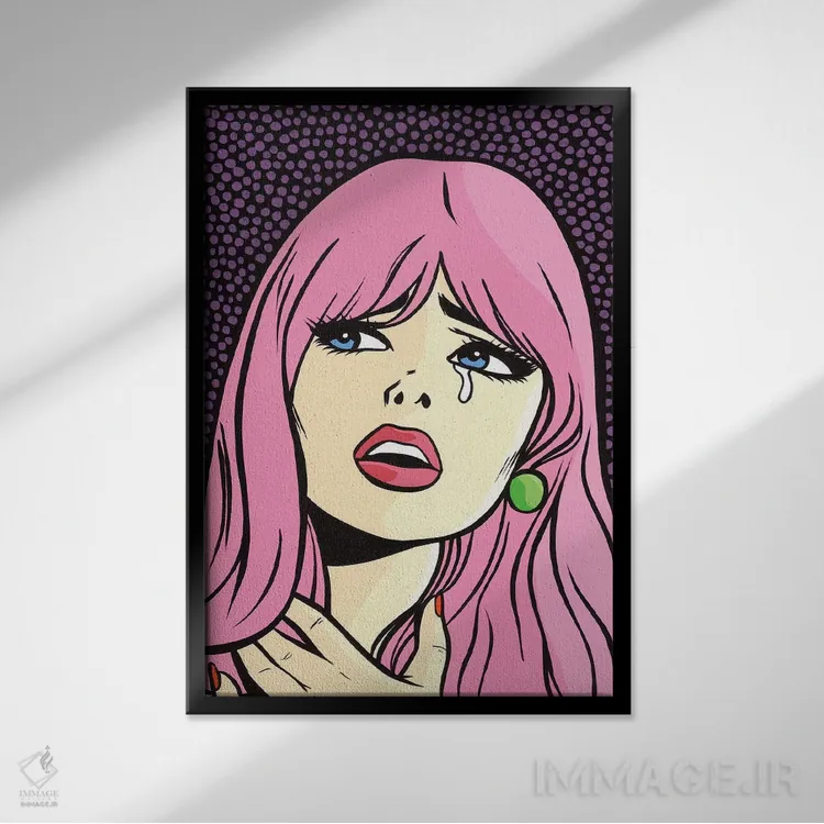 تابلو دختر کمیک گریان با موهای صورتی اثر آلیسون گاتچل - نمای قابدار مشکی