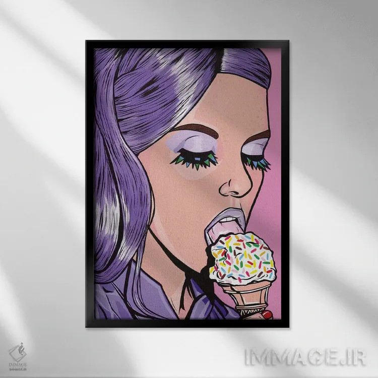 تابلو دختر کمیک بستنی بنفش اثر آلیسون گاتچل - نمای قابدار مشکی