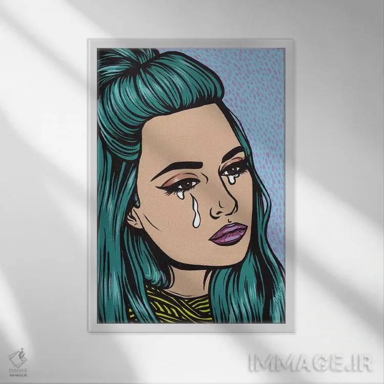 تابلو دختر گریان با موهای فیروزهای اثر آلیسون گاتچل - نمای قابدار سفید