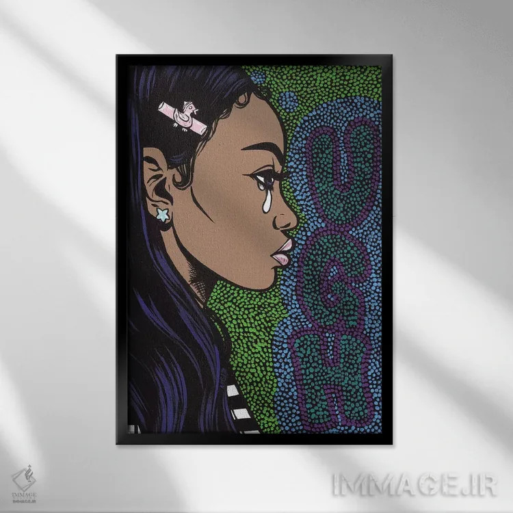 تابلو دختر گریان با پیام "ای بابا" اثر آلیسون گاتچل - نمای قابدار مشکی