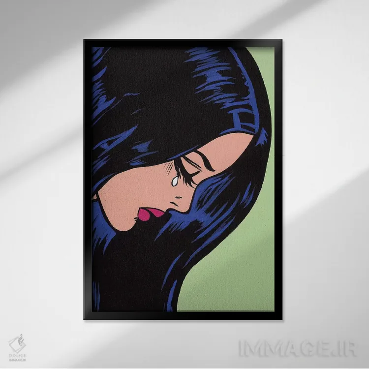 تابلو دختر گریان با موهای مشکی اثر آلیسون گاتچل - نمای قابدار مشکی