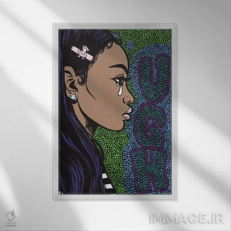 تابلو دختر گریان با پیام "ای بابا" اثر آلیسون گاتچل - نمای قابدار سفید