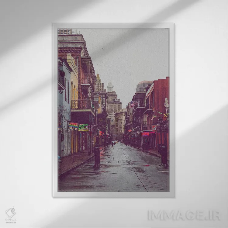 تابلو باران در خیابان بوربن، نیواورلئان، لوئیزیانا اثر آن هادک - نمای قابدار سفید