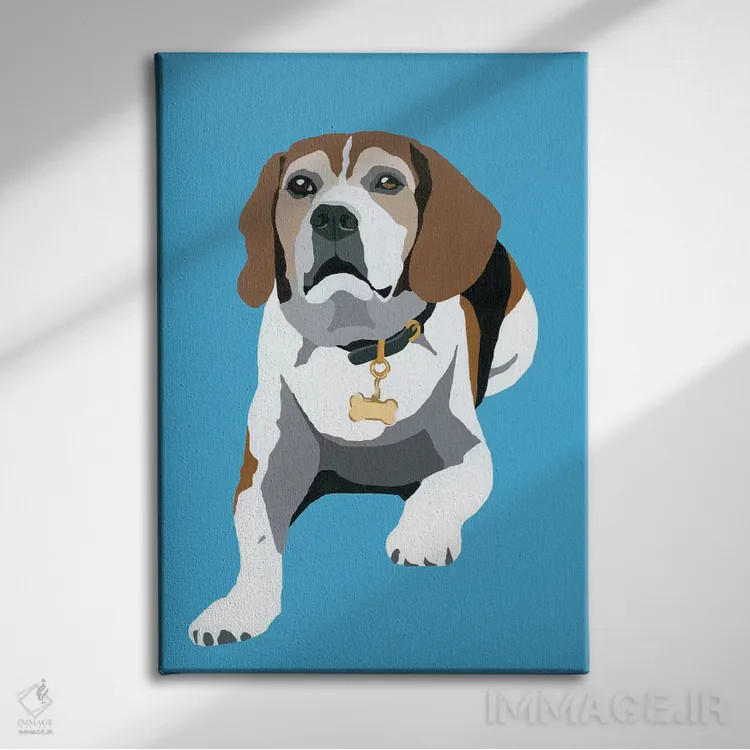 تابلو بیگل روی زمینه آبی (نوع سگ) اثر جولی احمد - نمای روبهرو روی دیوار