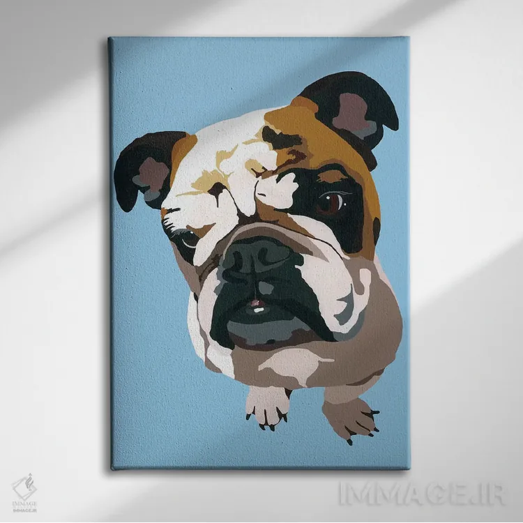 تابلو بولداگ روی زمینه آبی اثر جولی احمد - نمای روبهرو روی دیوار