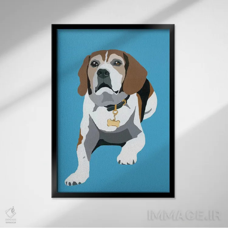 تابلو بیگل روی زمینه آبی (نوع سگ) اثر جولی احمد - نمای قابدار مشکی