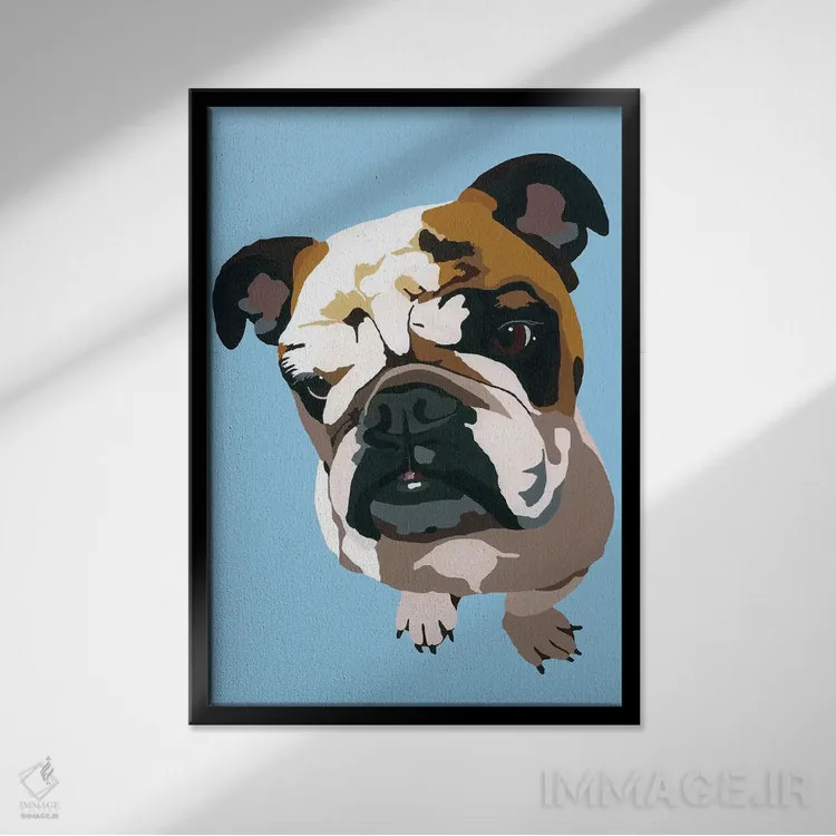 تابلو بولداگ روی زمینه آبی اثر جولی احمد - نمای قابدار مشکی