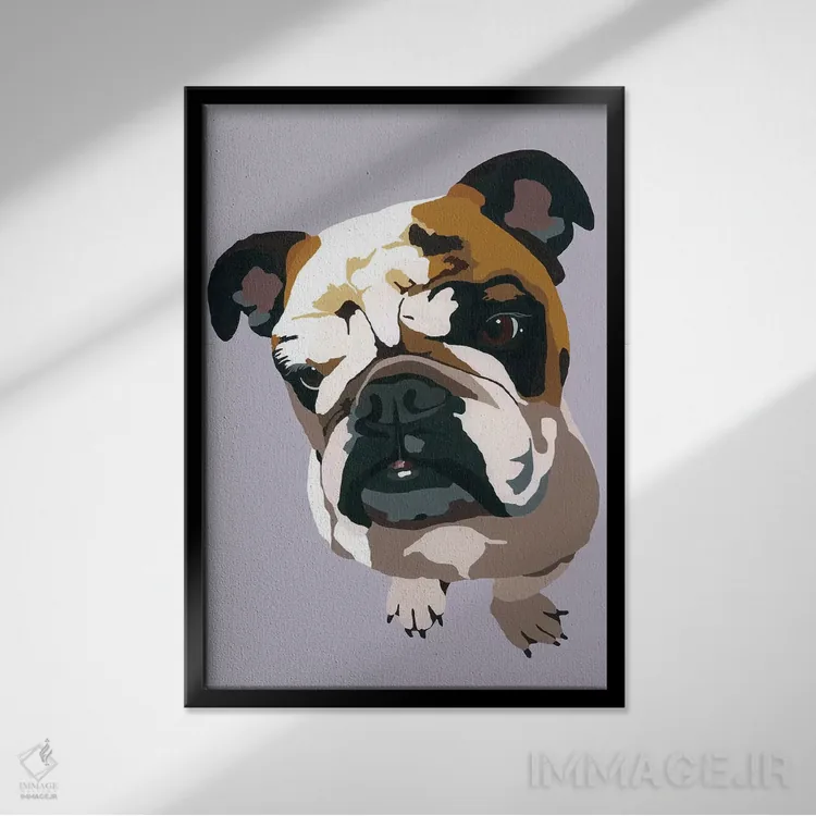 تابلو بولداگ روی زمینه خاکستری اثر جولی احمد - نمای قابدار مشکی