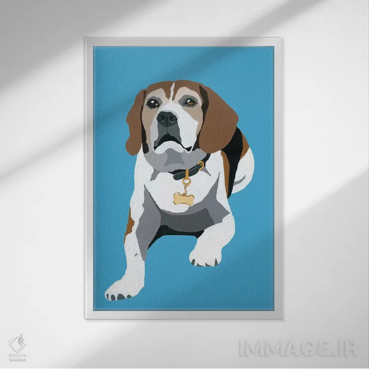 تابلو بیگل روی زمینه آبی (نوع سگ) اثر جولی احمد - نمای قابدار سفید