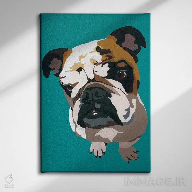 تابلو بولداگ روی زمینه سبزآبی اثر جولی احمد - نمای روبهرو روی دیوار