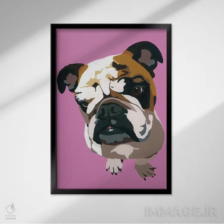 تابلو بولداگ روی زمینه صورتی اثر جولی احمد - نمای قابدار مشکی