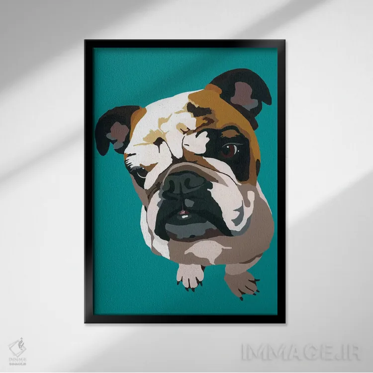 تابلو بولداگ روی زمینه سبزآبی اثر جولی احمد - نمای قابدار مشکی