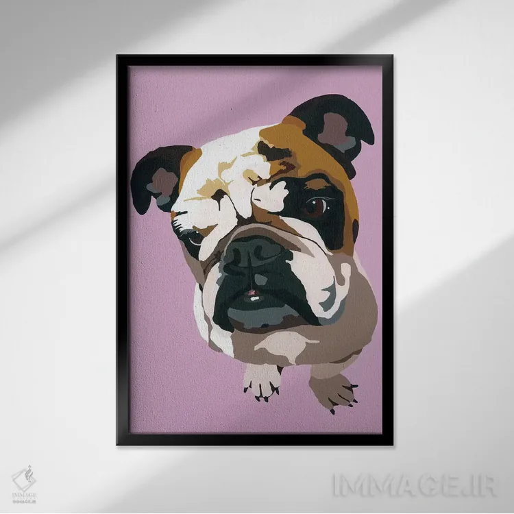 تابلو بولداگ روی زمینه اسطوخودوس (رنگ بنفش ملایم) اثر جولی احمد - نمای قابدار مشکی