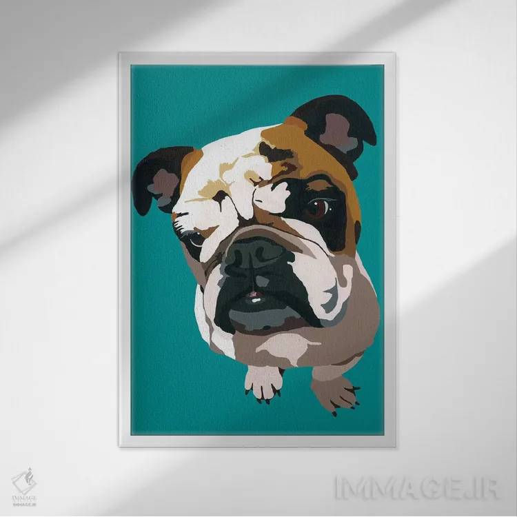 تابلو بولداگ روی زمینه سبزآبی اثر جولی احمد - نمای قابدار سفید