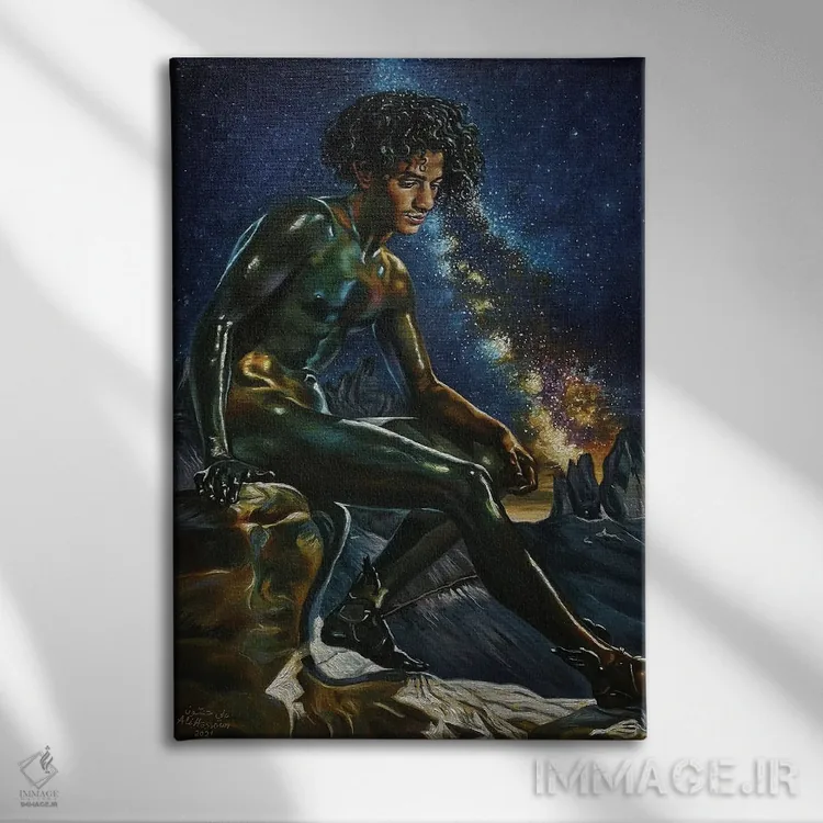 تابلو هِرمِس (خدای پیامرسان در اسطوره یونان) اثر علی حسون - نمای روبهرو روی دیوار