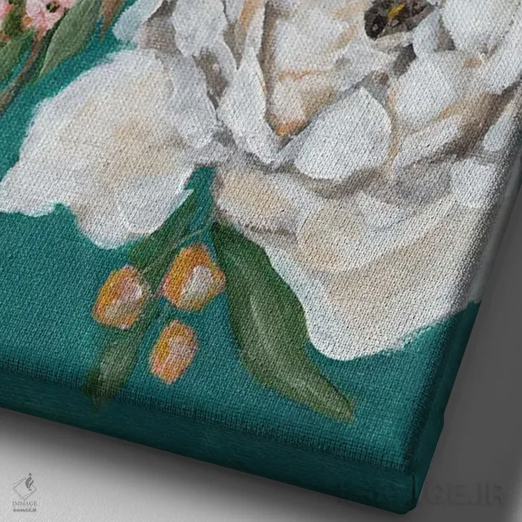 تابلو شکوفههای بهاری و صدتومانیها (نوع گل) اثر آماندا هیلبرن - نمای نزدیک بافت بوم