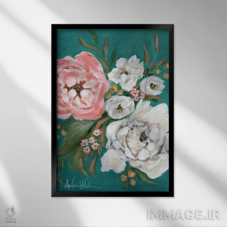 تابلو شکوفههای بهاری و صدتومانیها (نوع گل) اثر آماندا هیلبرن - نمای قابدار مشکی