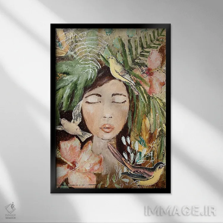 تابلو مایا و پرندگان اثر آماندا هیلبرن - نمای قابدار مشکی