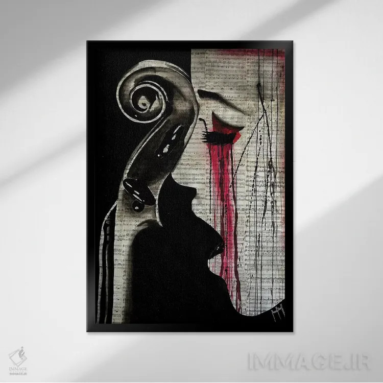 تابلو زن ویولنسلنواز (یا زن-ویولنسل) اثر احمد شریف - نمای قابدار مشکی