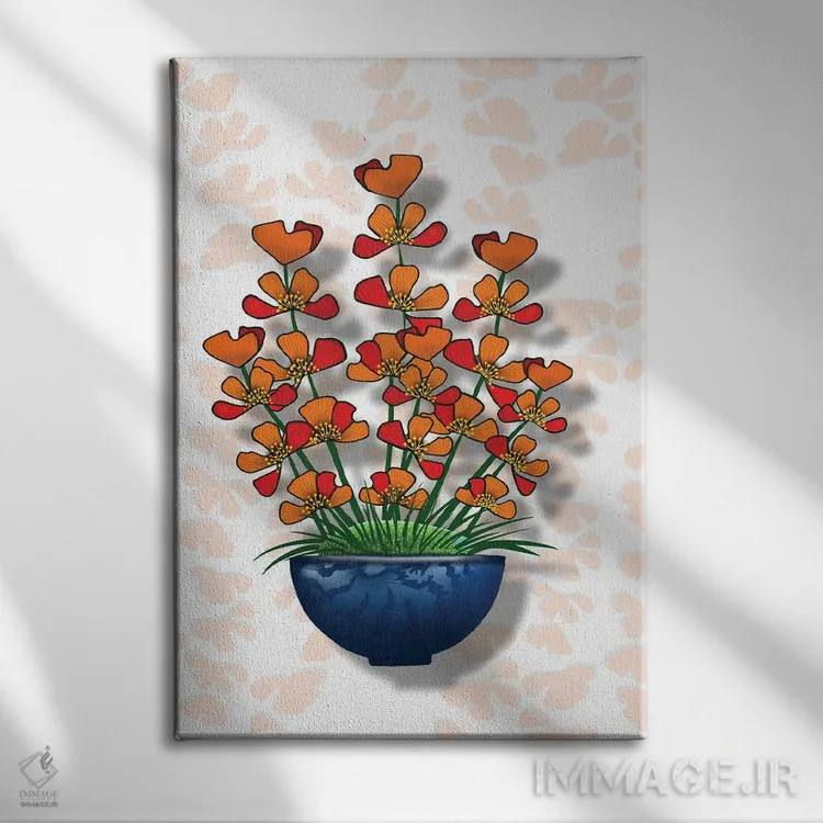 تابلو نارنجی شادیآور در گلدان آبی اثر آن هاچینسون - نمای روبهرو روی دیوار