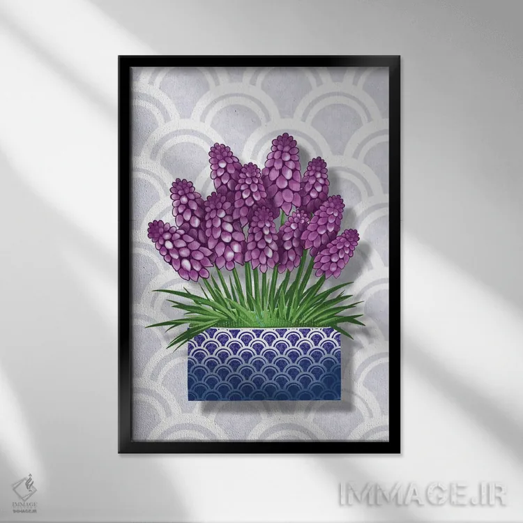 تابلو سنبل در گلدان آبی اثر آن هاچینسون - نمای قابدار مشکی